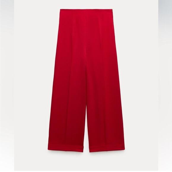 Zara RED WIDE LEG CROPPED PANTS - Picture 9 of 14